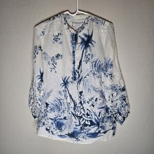 Johnny Was Navy and Ivory Botanical Blouse Embroidered Details